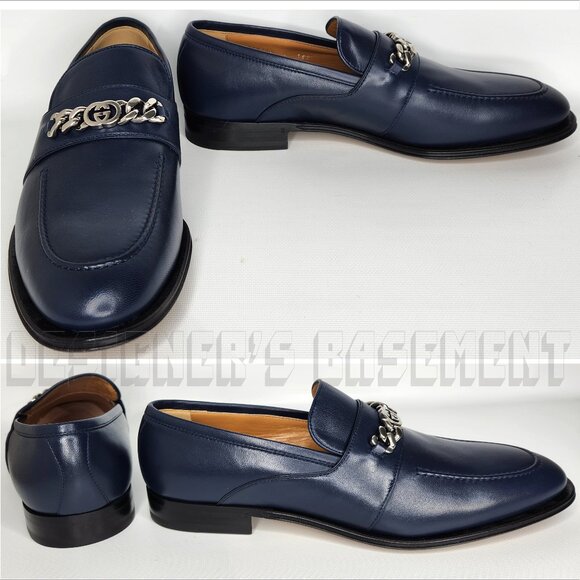 Gucci 8 blue Agata lambskin Leather Interlocking G chain detail Loafer Shoes NIB - Picture 7 of 8